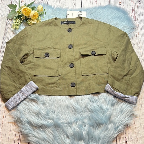 NWT Zara Cropped Linen Blend Jacket with Contrast Cuffs Sz S - Picture 1 of 9